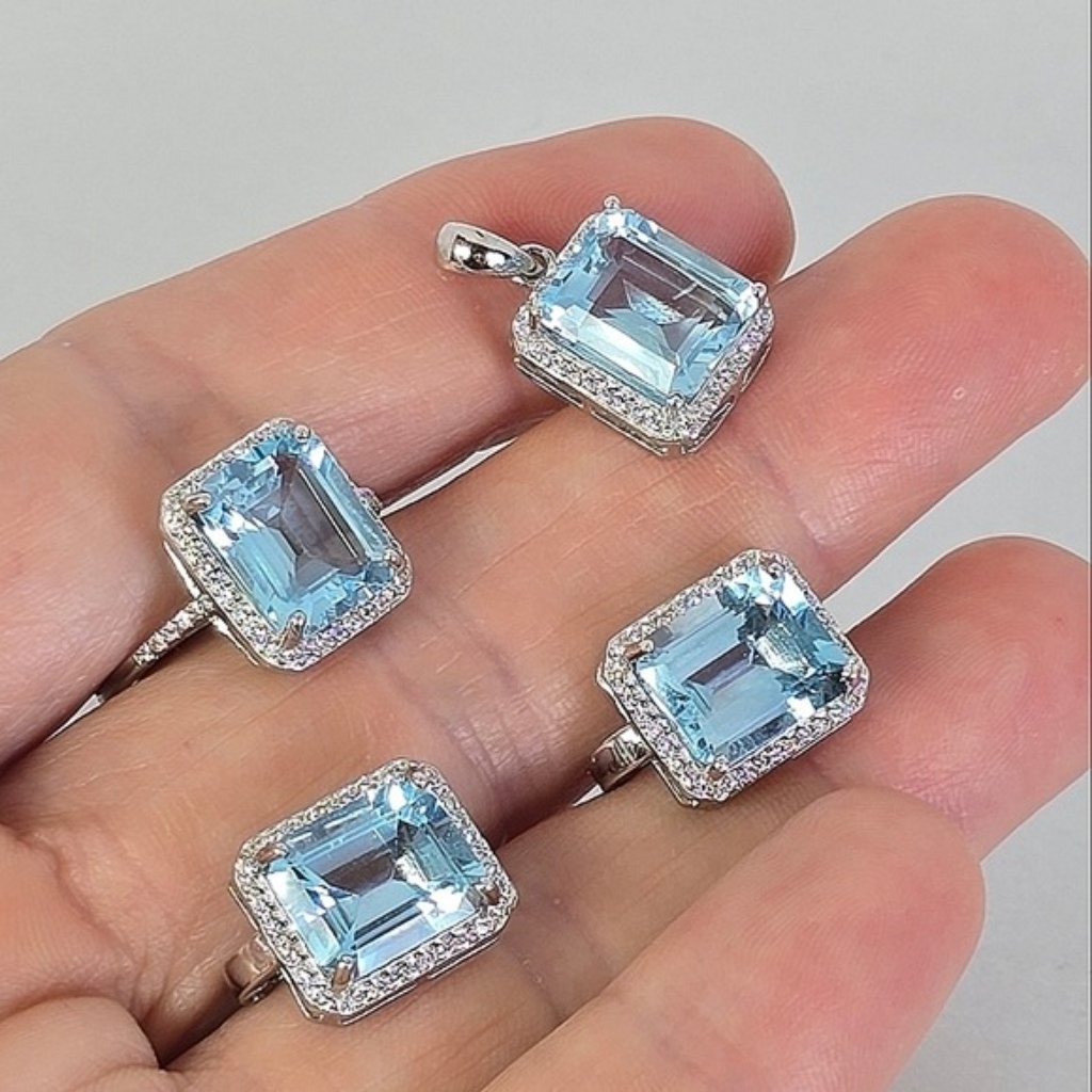 925 Sterling Silver Earrings, Ring Sz 7.25, Pendant Set With Natural Topaz & Cz